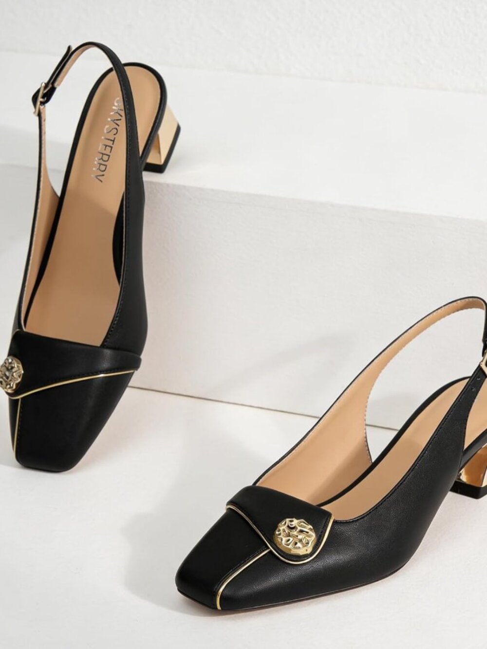 Women's Slingback Chunky Block Heels Closed Square Toe Pumps Low Heel Black - Picture 4 of 6